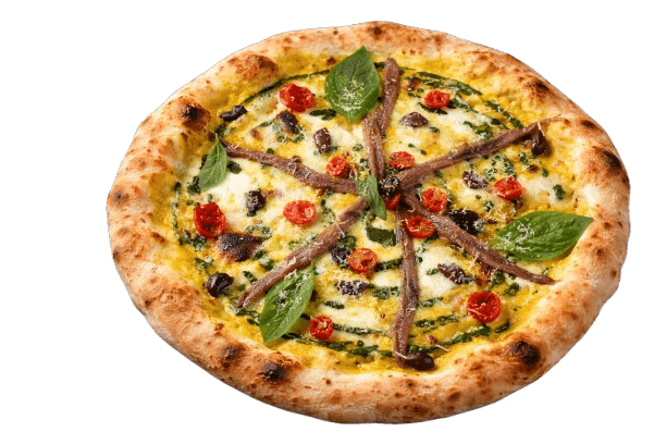 Pizza Sonrisa de La Sonrisa ad Arrecife: crema di pomodorini gialli, pomodorini rossi semisecchi, acciughe, olive taggiasche e basilico